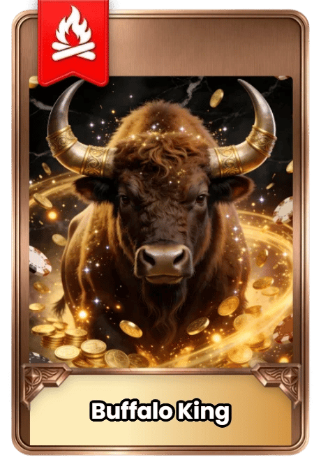 Card featuring a buffalo with gold coins and 'Buffalo King' text, branded with a red logo.