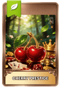 Card with cherries, playing cards, and coins on a forest-themed background with 'Cherry Prestige' text. Also has dice, coins, chips, cards and a golden crown in the background among falling leaves. 