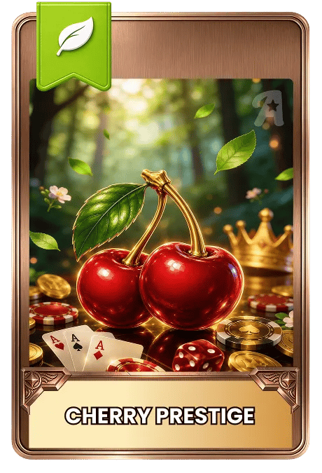 Card with cherries, playing cards, and coins on a forest-themed background with 'Cherry Prestige' text. Also has dice, coins, chips, cards and a golden crown in the background among falling leaves. 
