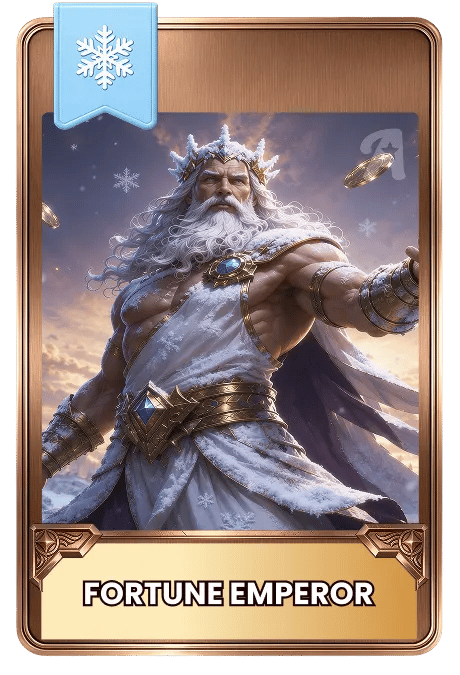 Card featuring a character named 'Fortune Emperor' with a snowy background and gold coins floating around him. 