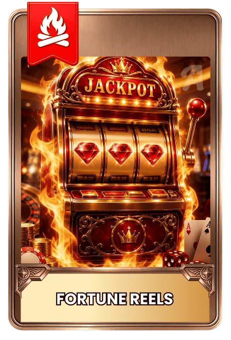 Flaming slot machine with 'JACKPOT' and playing cards on a gold background with chips, card, dice and a roulette wheel in the background. 