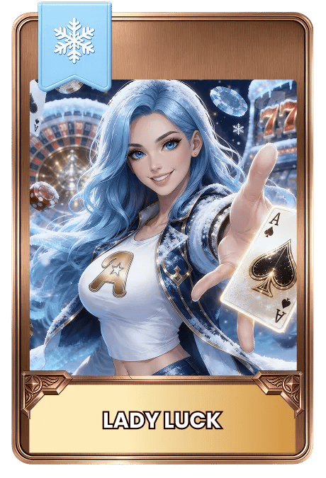 Card featuring a character named 'Lady Luck' with blue hair and a card design, held by a hand with frosted reels, ice cold roulettes and gaming cards