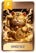 Lucky cat with gold coins and lightning effects on a card with a lightning bolt icon.