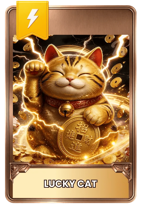 Lucky cat with gold coins and lightning effects on a card with a lightning bolt icon.