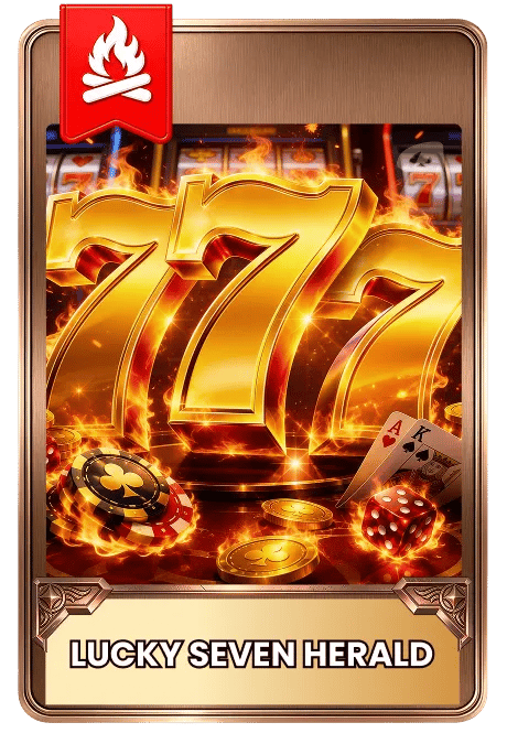 Gold '777' symbol with casino elements on a card-like background, featuring the brand logo at the top showcasing casino chips, cards and dice with reels