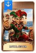 Card featuring a jester character with a ship and ocean background with a roulette wheel