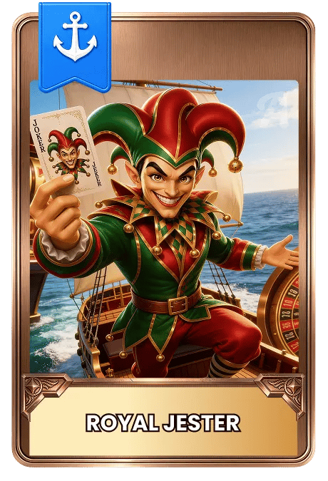 Card featuring a jester character with a ship and ocean background with a roulette wheel