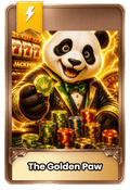 Panda character in a suit holding casino chips with a reel and roulette wheel in the background with other ca
sino elements and 'The Golden Paw' branding.