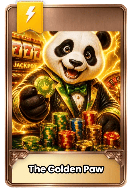 Panda character in a suit holding casino chips with a reel and roulette wheel in the background with other ca
sino elements and 'The Golden Paw' branding.